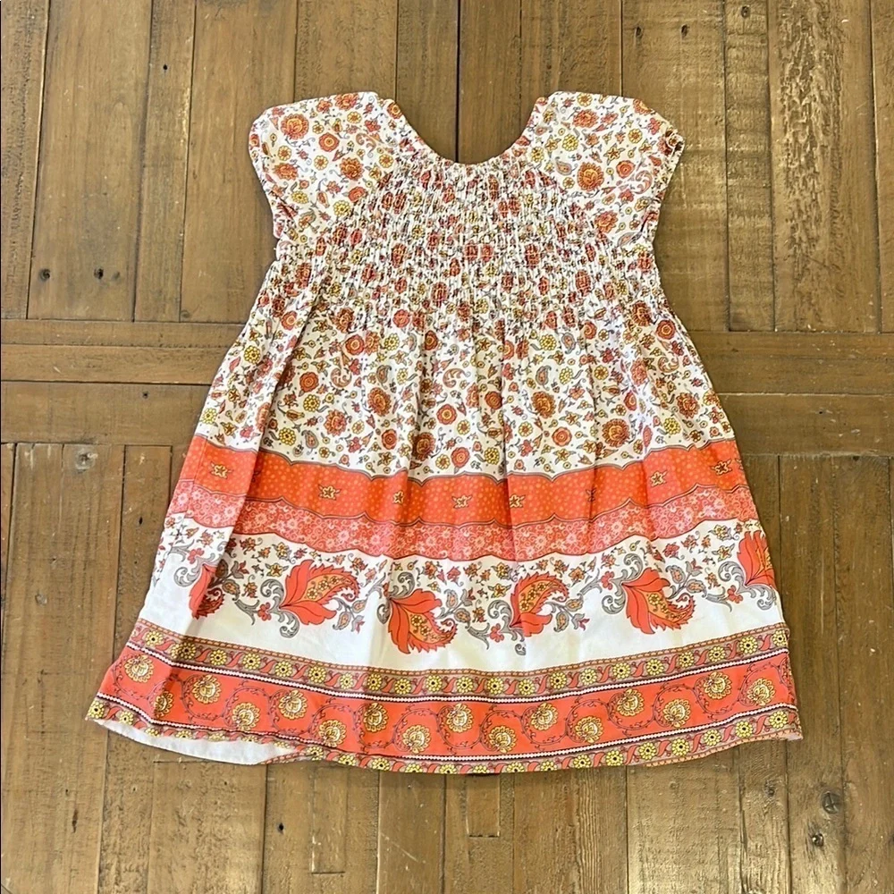 Janie and jack vintage Orange scarf print floral smocked cap sleeve dress